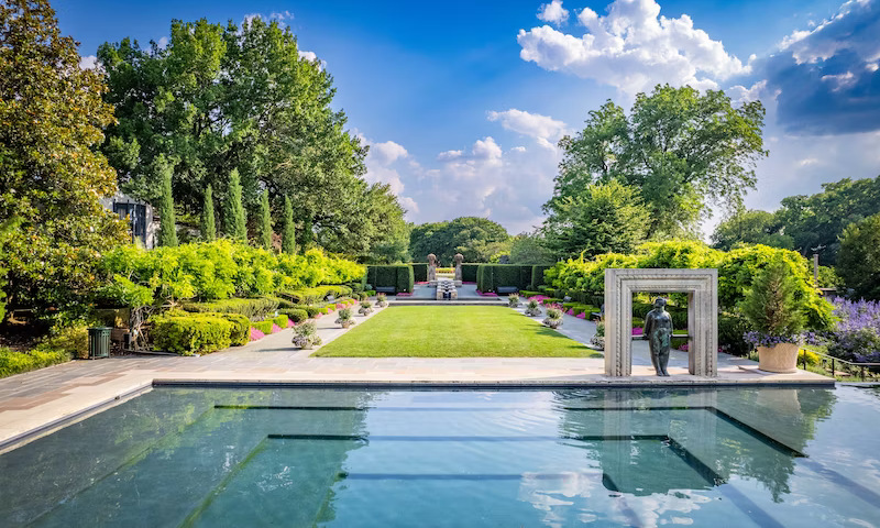 a view at the Dallas Arboretum overlooking a pool